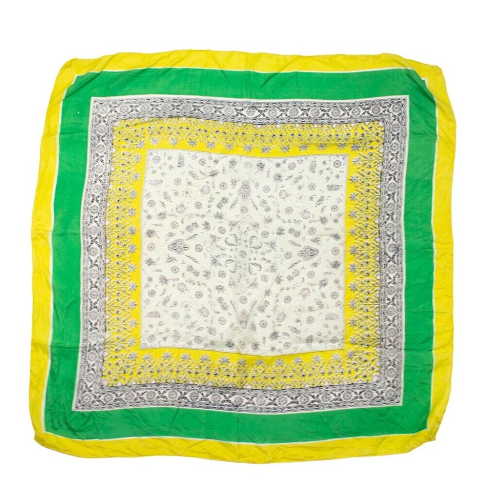 Vintage 33" Square Paisley Floral Print Scarf Handkerchief Yellow Green White